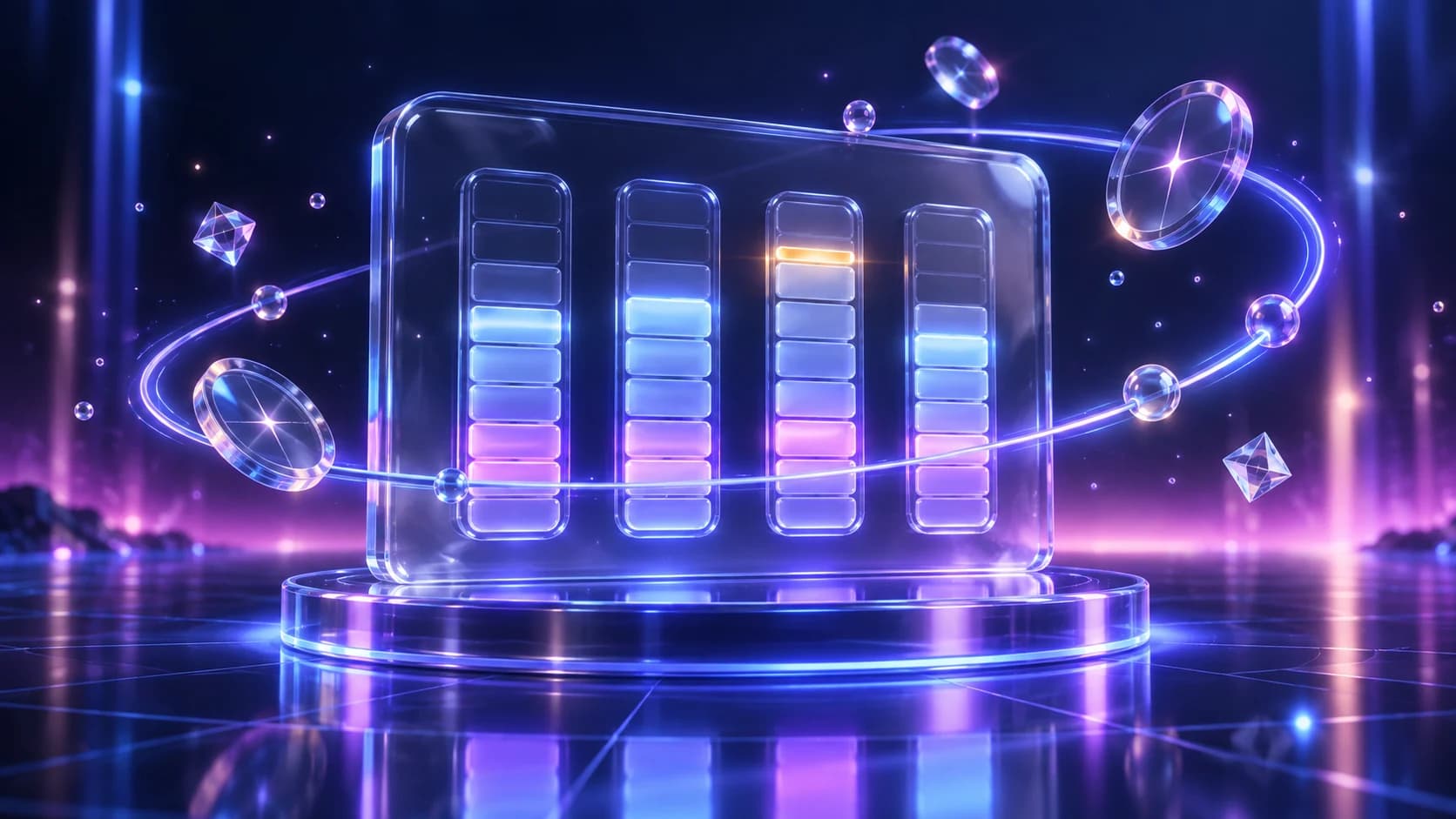 Futuristic glass dashboard with segmented usage meters