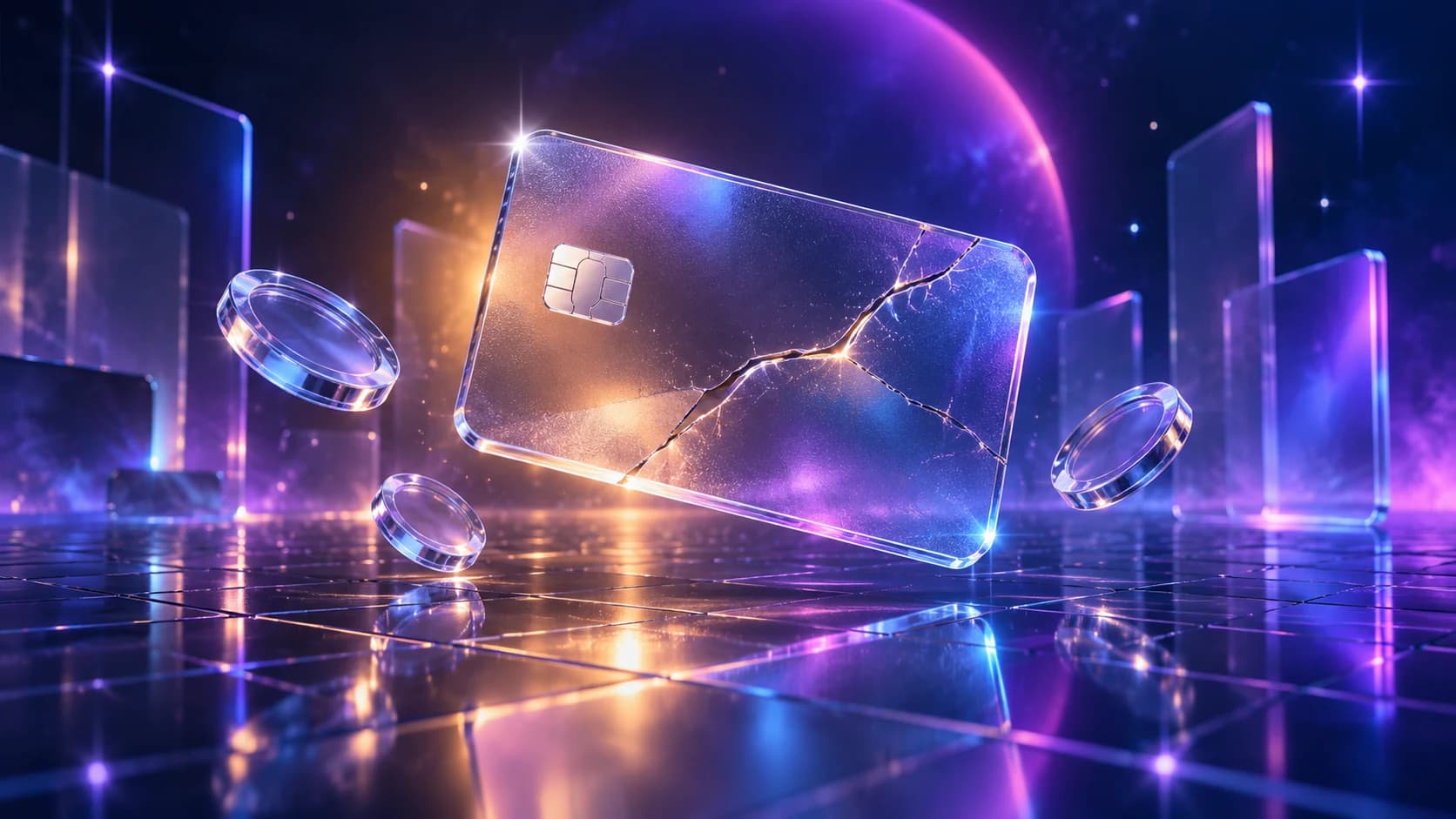 Glass credit card with an amber warning glow on a reflective grid
