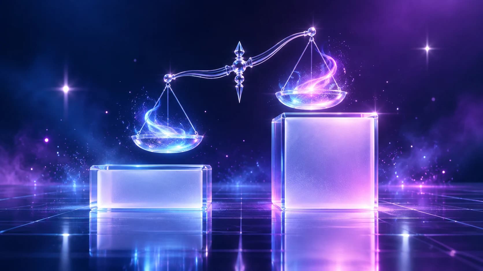 Glass podiums and a balance scale representing Google AI Pro and Ultra